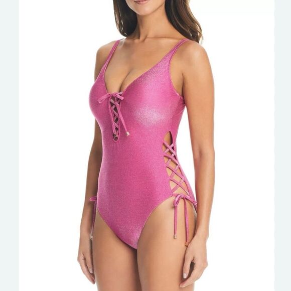 NWT Bar III Shimmer Lace-Up One-Piece Swimsuit, in shimmer pink Size M - Picture 2 of 8